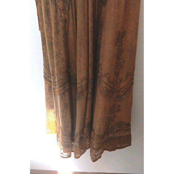 Sakkas Boho Maxi Dress 1X/2X Tan Embroidered Crinkle Cotton Rayon Elastic Bust - Picture 4 of 14
